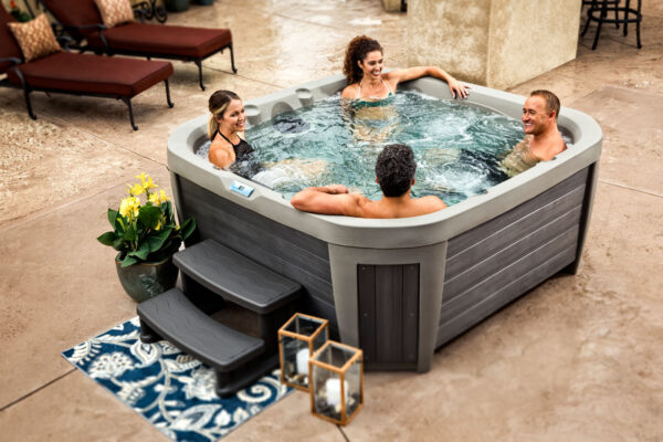 Collage of people relaxing in hot tubs and a close-up of swirling water